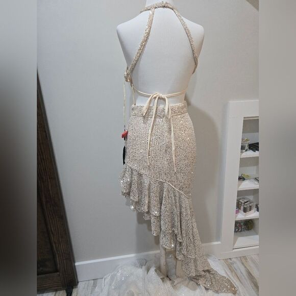 Mac Duggal 11274 Sequined Halter Cut Out Ruffle Asymmetrical Dress NWT sz 6 Nude - Picture 5 of 6